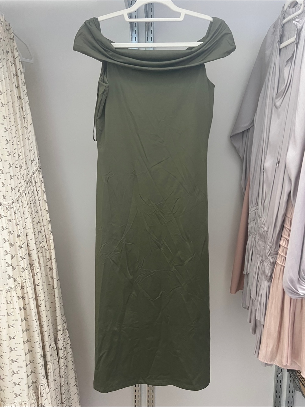 Theory Olive Green Off-Shoulder Midi Dress